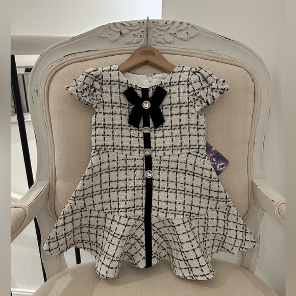 🦢 18 Mth Tweed & Velvet Chic Black and Ivory Baby Dress NWT - Picture 1 of 14